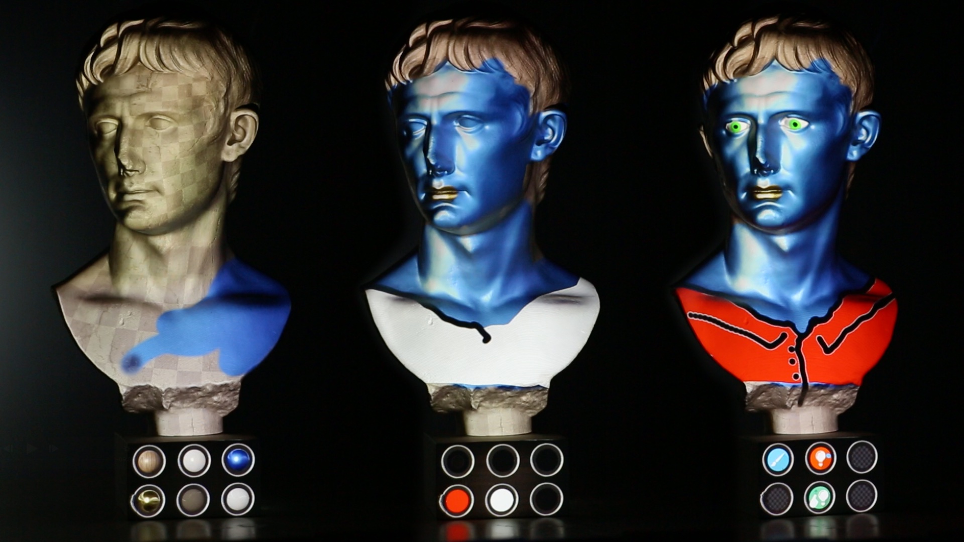 Benutzerdefinierte, aufgemalte digitale Farbe und Material als Projektion auf einer Augustus-Statue